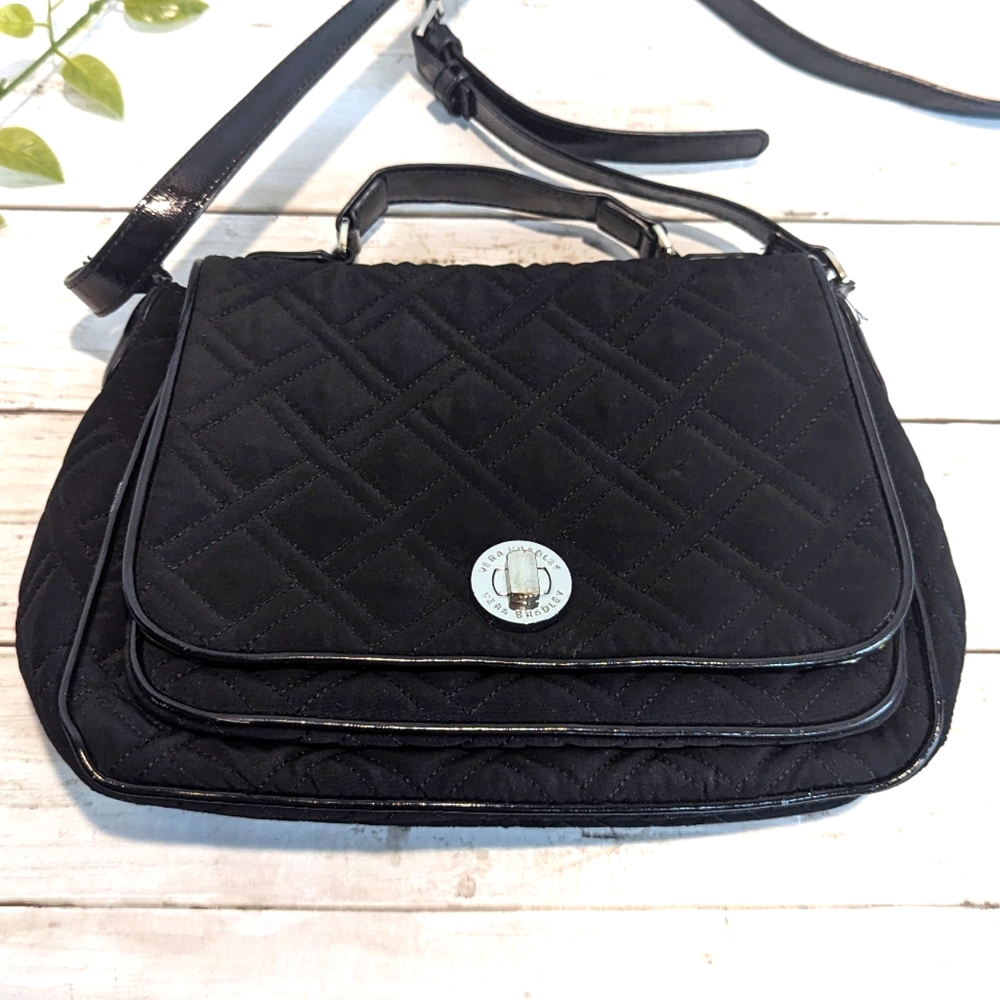 Vera Bradley Medium Quilted Black Mi Nylon Shoulder Bag Faux Patent Leather Trim